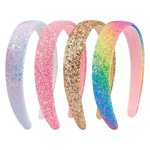 4 Stück Glitzer Stirnbänder, Haarreifen Mädchen, Breite Haarreifen Damen Glitzer, Pailletten Stirnbänder, Rutschfest Glitzer Haarband, Regenbogen-Haarbänder für Mädchen Damen Kinder (A, 1) von CHONGQILAO