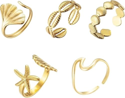 5 Stück Goldene Sommer Ringe Ocean, Seestern Muschel Ring Welle Gold Wasserfest, Muschel Ringe Gestapelt, Ginkgo Blatt Ring Edelstahl, Halb Offener ringen Sommer Schmuck Gold für Frauen und Mädchen von CHONGQILAO