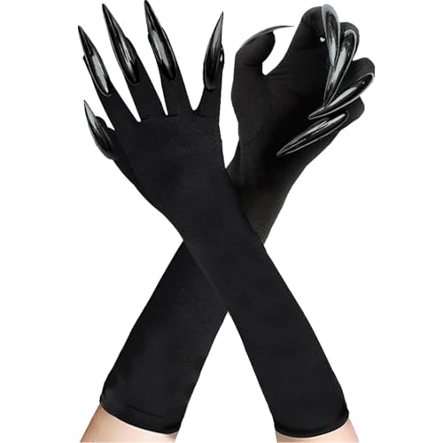 CHONGQILAO 1 Paar Halloween Handschuhe Krallen, Lange Fingernägel Handschuhe, Schwarze Teufel Handschuhe, Lange Nagelhandschuhe mit Schwarze Krallen für Halloween Karneval Cosplay Kostüm Party von CHONGQILAO