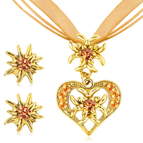 Oktoberfest Trachtenschmuck Damen Set, Bayerisch Dirndlschmuck Trachtenkette mit Strass Edelweiß Herz Anhänger und Edelweiß Ohrstecker für Damen Bierfest Trachten Dirndl Outfit (Gold, 3 Stück) von CHONGQILAO