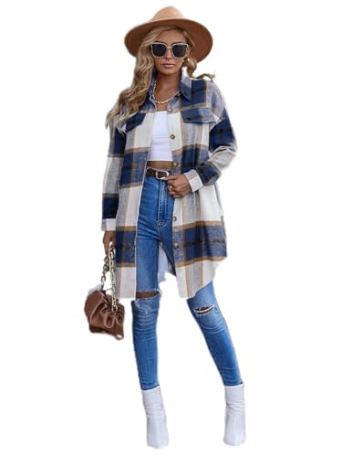 Women Elegant Fall Winter Overcoat Plaid Print Drop Shoulder Overcoat Open Front Outwear Jackets von CHOOYO