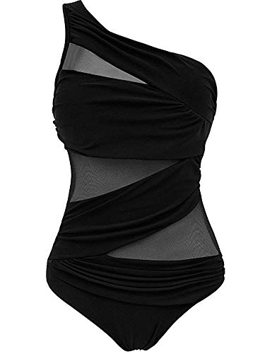 CHOSERL Damen One Shoulder Bademode Monokini Badeanzug Durchsichtig Mesh Bikini Einteiler Badeanzug Gr. 50, Schwarz von CHOSERL