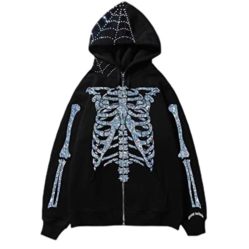 CHOUBAGUAI Damen Herren Gothic Strass Spinnennetz Kapuzenjacke Reflektierend Glänzend Ausschnitt Druck Langarm Oversized Sweatshirt Silber, XL von CHOUBAGUAI