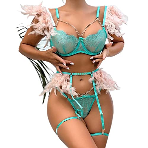 CHOUBAGUAI Feder-Dessous, sexy transparenter Spitzen-BH mit Ketten-Set, 3-teiliges Set, Kostüme, Grün, L von CHOUBAGUAI