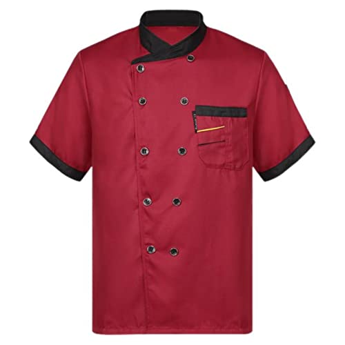 CHOUBAGUAI Herren Damen Kurzarm Kochjacke Mantel Hemden Knopf Hotel Restaurant Küche Uniformen Kochen Backen Kleidung Unisex Kochjacke - Burgunderrot, M von CHOUBAGUAI