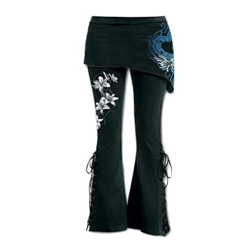 CHOUBAGUAI Jeans mit weitem Bein, Damen-Spitzen-Leggings, lässige bestickte Unterseite, schwarz, Punk-Verband, ausgestellte Glockenhose, Jeans mit weitem Bein, Schlaghose-B-Weiß-M von CHOUBAGUAI