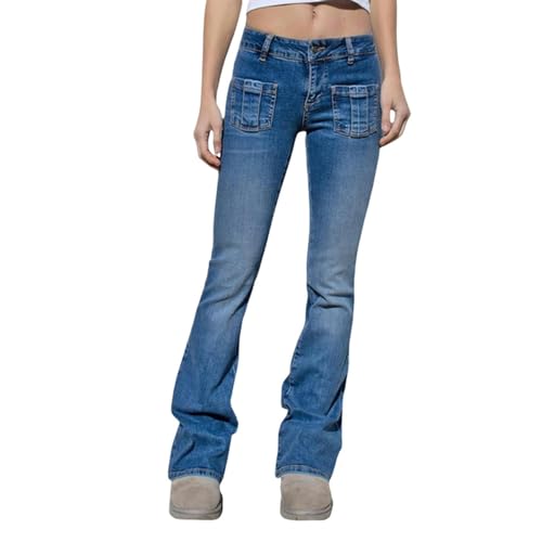 Damen Denim Jeans Y2K Star Print Gerade Weites Bein Baggy Jeans Ästhetik Low Waisted Cargo Jean Loose -C-Blau-S von CHOUBAGUAI