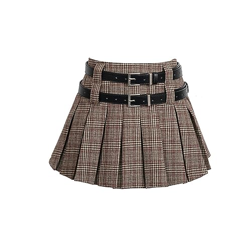 Plaid Falten Mini Rock Frauen Vintage Preppy Stil Hohe Taille A-Linie 2 Gürtel Kurzen Rock Schule JK Mädchen Sommer Mode-Kaki-S von CHOUBAGUAI