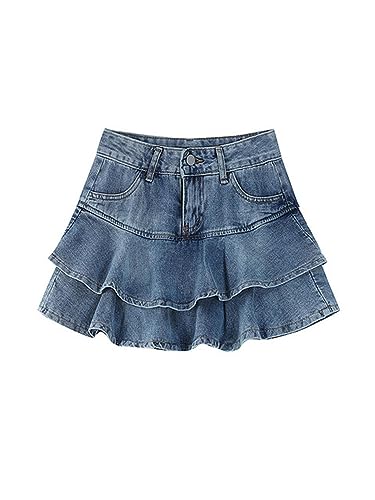 Punk Y2K Harajuku Denim Mini Faltenrock Damen Sommer Casual Hohe Taille Jeans Kurze Röcke Frauen Rüschen Mode Koreanisch-Blau-S von CHOUBAGUAI