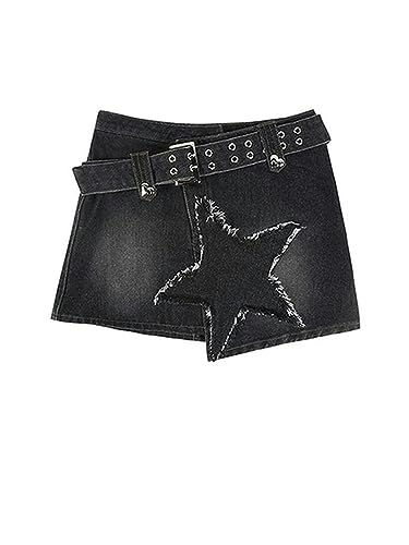 Sommer Koreanischer Stil Damen Gothic Schwarz Denim Star Rock Frauen A-Linie Harajuku Elegant Y2k Minirock Weiblicher Jeansrock-Schwarz-S von CHOUBAGUAI