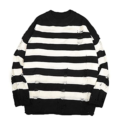 CHOUX Schwarz Streifen Pullover Zerrissene Pullover Damen Pullover Strickpullover mit Löchern Sweatshirt Übergröße Lange Ärmel Harajuku-Weiß, XL von CHOUX