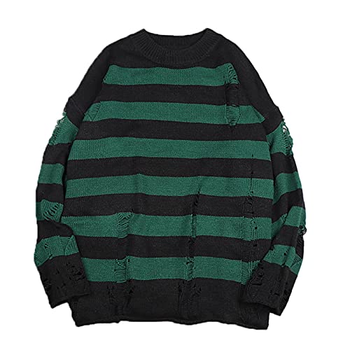 CHOUX Schwarz gestreifte Pullover Destroyed Ripped Sweater Damen Pullover Loch Strick Pullover Oversized Sweatshirt Harajuku Langarm Tops-Dunkelgrün, S von CHOUX