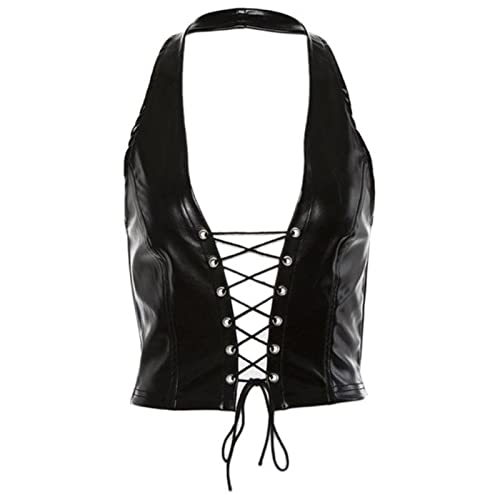CHOUX Vrouwen Punk Mouwloze Cropped Top Open Teppich Rückenfrei Kunstleer Vetersluiting Uitgesneden Tanktop-Schwarz, M von CHOUX