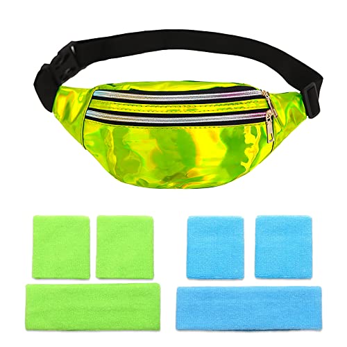 CHRI 80er Jahre Bauchtasche Stirnband Neon, 80er 90er Jahre Outfit Damen Accessoires mit Armbänder und Stirnband Verstellbarer Hüfttasche Wasserdicht für Retro Party Thema Karneval (Grün) von CHRI