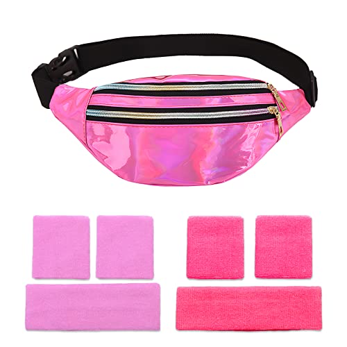 CHRI 80er Jahre Bauchtasche Stirnband Neon, 80er 90er Jahre Outfit Damen Accessoires mit Armbänder und Stirnband Verstellbarer Hüfttasche Wasserdicht für Retro Party Thema Karneval (Rosa) von CHRI