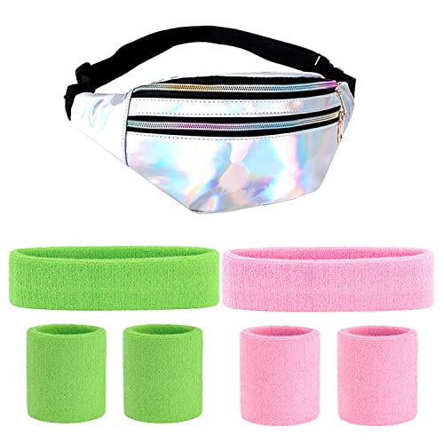 80er Jahre Bauchtasche Stirnband Neon, 80er 90er Jahre Outfit Damen Accessoires mit Armbänder und Stirnband Verstellbarer Hüfttasche Wasserdicht für Retro Party Thema Karneval von CHRI