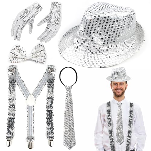 CHRI glitzer outfit herren 5er Set，glitzer hemd Zubehör deko glitzer outfit Accessoires mit Pailletten Hosenträger, hut, krawatten, fliege, handschuh für Fasching disco party von CHRI