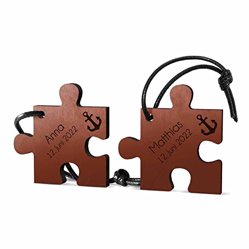 CHRISCK design Echte Leder Schlüsselanhänger mit Namen - Gravur Puzzle Anhänger - Partner Liebes Geschenk für Männer und Frauen - 2 gravierte Lederanhänger - Partner Anhänger als Geschenk von CHRISCK design