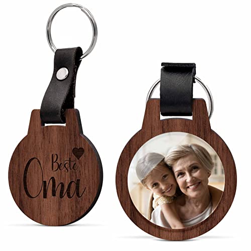 CHRISCK design Foto Schlüsselanhänger personalisiert mit Bild & Namen Gravur - Echtes Holz - kratzfest - Schlüssel Anhänger Beste Oma - Persönliches Geschenk für Frauen Großmutter von CHRISCK design