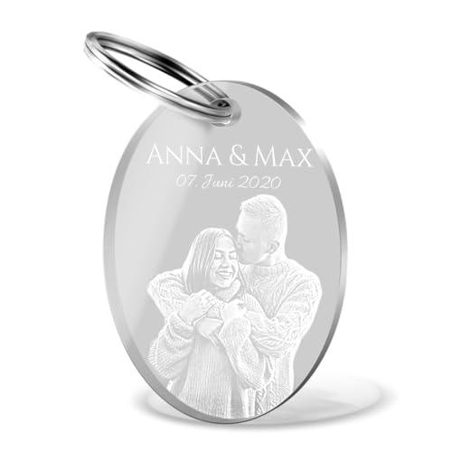 CHRISCK design Foto Schlüsselanhänger mit Gravur aus Acrylglas - Anhänger mit Fotogravur - Oval - Partner Liebes Geschenk - Geschenke für Freund Freundin zum Geburtstag von CHRISCK design