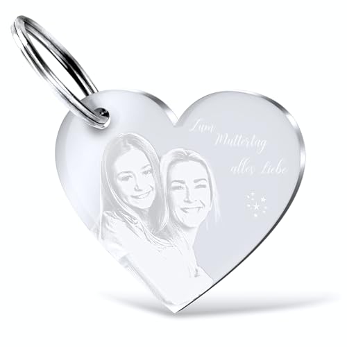 CHRISCK design Herz Schlüsselanhänger mit Foto Gravur aus Acryl Glas - Gravierter Anhänger mit Bild als persönliches Muttertagsgeschenk Mama - personalisierte Geschenke Freund Freundin Paar Familie von CHRISCK design