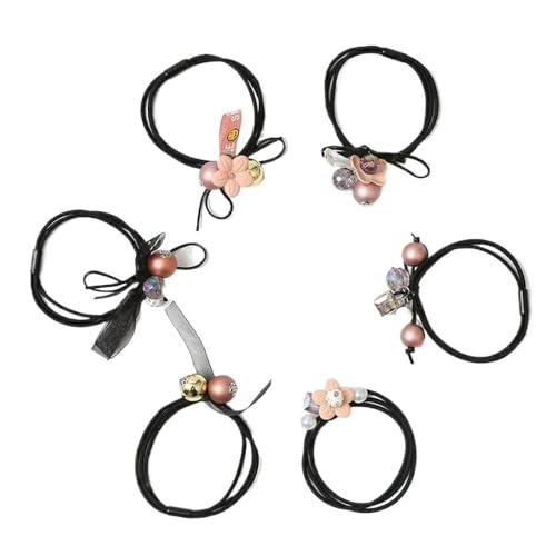 6 Stück Perlen-Kristall-Haarseil, hochelastisches Schleife-Haarband for Frauen und Mädchen, Pferdeschwanz-Haargummis, Blumen-Haar-Accessoires (Color : C) von CHRISK