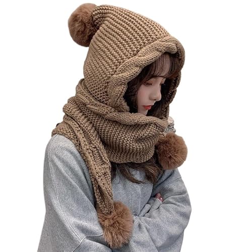 CHRISK Koreanische Version Wollmütze Damen Herbst Winter mit einem Schal Einteiler Hut Nette Wolle Bulbous Ohr Verdickung Warme Strickmütze, auburn, One size von CHRISK