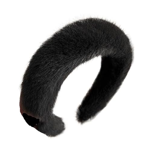 Einfarbiges Plüsch-Stirnband für Damen, dickes Fell-Haarband für Mädchen, niedlich, süß, schlicht, Kopfbedeckung, breites Haarschmuck (Farbe: Schwarz, Größe: Einheitsgröße) von CHRISK