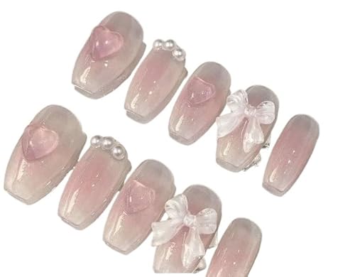 Niedliche rosa süße Prinzessin, abnehmbar, handgefertigt, Nagelkunst, Vitalität, Mädchen, kurze künstliche Nägel, Rouge, Schleife, Nagelflicken (Farbe: L) von CHRISK