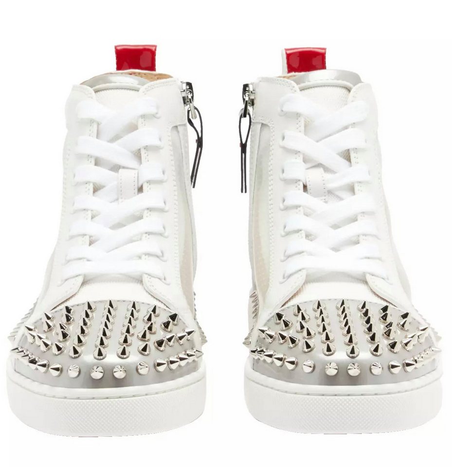 CHRISTIAN LOUBOUTIN Sosoxy Spikes Sneakers Schuhe mit gestreifte Socken Sneakerboots PVC, Leder, Mesh, Rote Lackleder, silberne Spikes von CHRISTIAN LOUBOUTIN