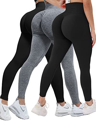 CHRLEISURE 3 Stück Butt Lifting Gym Workout Leggings für Frauen, Scrunch Butt nahtlose Yoga Leggings, 3 Packungen – Schwarz/Grau/1 versteckte Tasche & Schwarz, M von CHRLEISURE