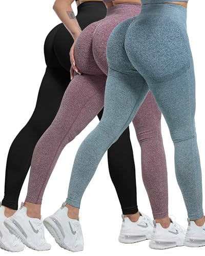 CHRLEISURE 3 Stück Butt Lifting Leggings für Frauen, Gym Workout Scrunch Butt Nahtlose Yoga Leggings, 3 Packungen – Schwarz/Blau/Burgunderrot, Groß von CHRLEISURE