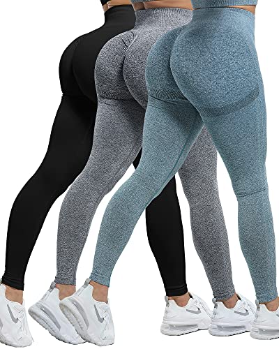 CHRLEISURE 3 Stück Butt Lifting Leggings für Frauen, Gym Workout Scrunch Butt Nahtlose Yoga Leggings, 3 Packungen - Schwarz/Grau/Blau1, M von CHRLEISURE