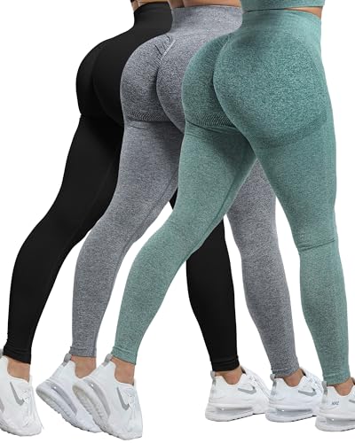 CHRLEISURE 3 Stück Butt Lifting Leggings für Frauen, Gym Workout Scrunch Butt Nahtlose Yoga Leggings, 3 Packungen - Schwarz/Grau/Waldgrün, XX-Large von CHRLEISURE