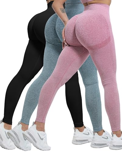 CHRLEISURE 3 Stück Butt Lifting Leggings für Frauen, Gym Workout Scrunch Butt Nahtlose Yoga Leggings, 3 Packungen – Schwarz/Rosa/Blau, M von CHRLEISURE