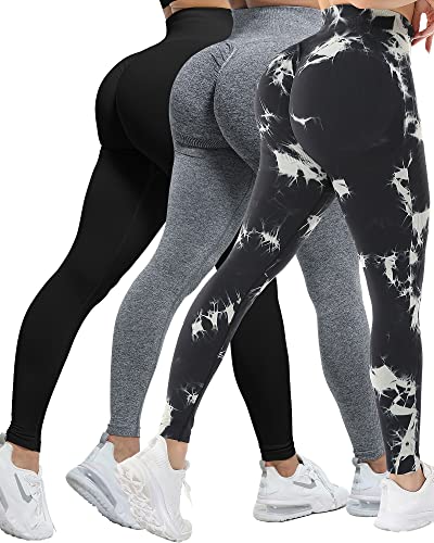 CHRLEISURE 3-teilige Workout-Leggings für Frauen, Po-Lifting Scrunch Butt Gym nahtlose Booty Leggings, 3 Packungen – Schwarz/Grau/Schwarz, M von CHRLEISURE