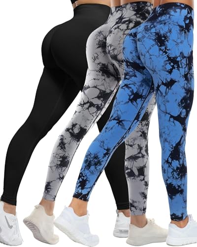 CHRLEISURE 3-teiliges Workout-Legging-Set für Damen, Fitnessstudio, Scrunch Butt Lifting, nahtlose Leggings, 3 Packungen – Schwarz/Batik-Schwarz/Batikblau, M von CHRLEISURE