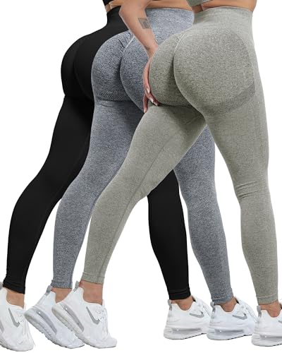 CHRLEISURE 3-teiliges Workout-Legging-Set für Damen, Fitnessstudio, Scrunch Butt Lifting, nahtlose Leggings, 3er-Pack – Schwarz/Grau/Grasgrün, M von CHRLEISURE