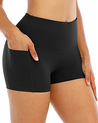 CHRLEISURE Spandex Yoga-Shorts mit Taschen für Damen, hohe Taille, Workout, Booty-Shorts, 7,6 cm, schwarz, Klein von CHRLEISURE