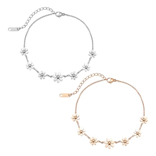 CHROMACRAFT 2 Stück Gänseblümchen-Armband, Edelstahl-Armband, Verstellbares Armband, Elees Schlichtes Armband, Damen-Armband von CHROMACRAFT