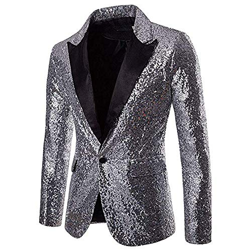 CHRONSTYLE Herren Slim Fit Sakko Blazer Anzugjacke Freizeit EIN-Knopf Pailletten Glitter Anzug Jacke Karneval Kostüm für Hochzeit Party Festlich (Silber, S) von CHRONSTYLE