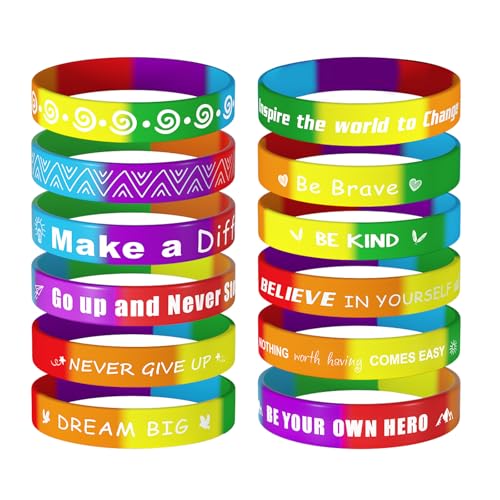 CHRORINE 48 Stück Motivationsarmbänder Silikon Armbänder mit Positiven Sprüchen Motivierende Gummiarmbänder für Lehrer Freunde Studenten, 12 Designs (Regenbogen Farbe) von CHRORINE