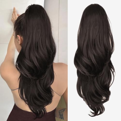 Chrshn Pferdeschwanz-Extensions, Pferdeschwanz-Verlängerung mit Kordel für Frauen, 66 cm, dunkelbraun, geschichtet, gewellt, von CHRSHN