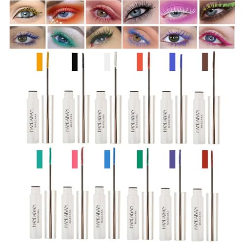 12 Farben Buntes Mascara-Set, Blau Weiß Schwarz Regenbogen Buntes Langanhaltend Wischfeste Wasserdichtes Farbige 3D-Faserwimpern-Mascara-Volumen Wimpern von CHSEEO
