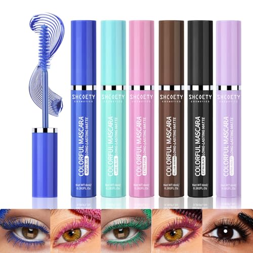 6 Farben Buntes Mascara-Set, Blau Weiß Schwarz Regenbogen Buntes Langanhaltend Wischfeste Wasserdichtes Farbige 3D-Faserwimpern-Mascara-Volumen Wimpern von CHSEEO