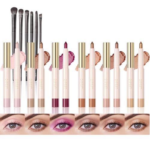 6 Farben Lidschatten Stift, 6 PCS Lidschatten Make-Up Pinsel Set, Lidschatten Bleistift Set Lidschatten-Stick Schattenstäbe Wasserdicht Langlebig Schnell Trocknend, Make-up-Geschenk für Frauen von CHSEEO