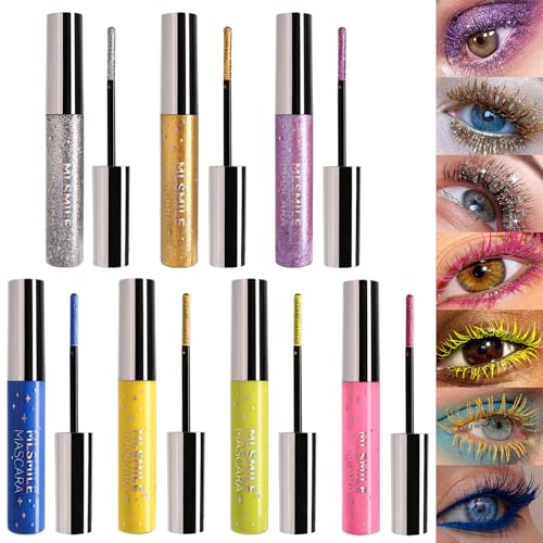 7 Farben Buntes Mascara-Set, Blau Weiß Schwarz Regenbogen Buntes Langanhaltend Wischfeste Wasserdichtes Farbige 3D-Faserwimpern-Mascara-Volumen Wimpern von CHSEEO