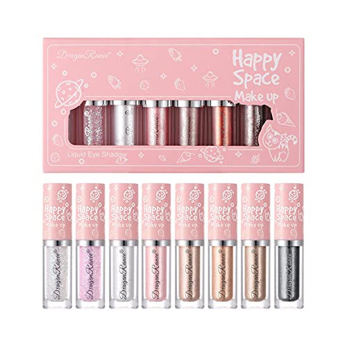 8 Farben Flüssiges Glitter Lidschatten Make-up Set, Metallic Glitzer Langlebig Hochpigmentiertes, Diamant-Schimmer-Glitzer-Lidschatten, Wasserdicht und Langlebig Schnell Trocknend Lidschatten Set von CHSEEO