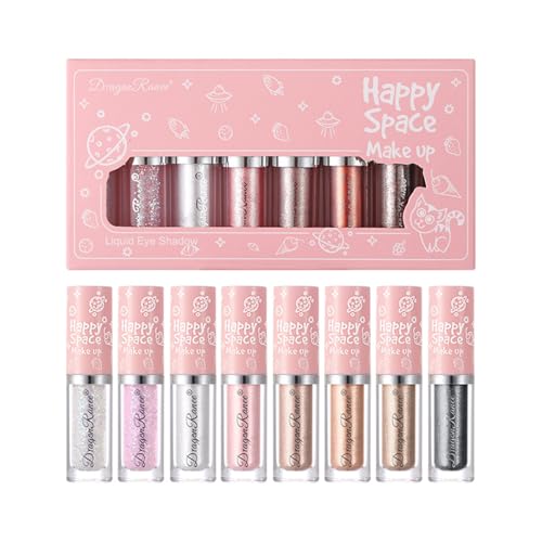 8 Farben Flüssiges Glitter Lidschatten Make-up Set, Metallic Glitzer Langlebig Hochpigmentiertes, Diamant-Schimmer-Glitzer-Lidschatten, Wasserdicht und Langlebig Schnell Trocknend Lidschatten Set von CHSEEO