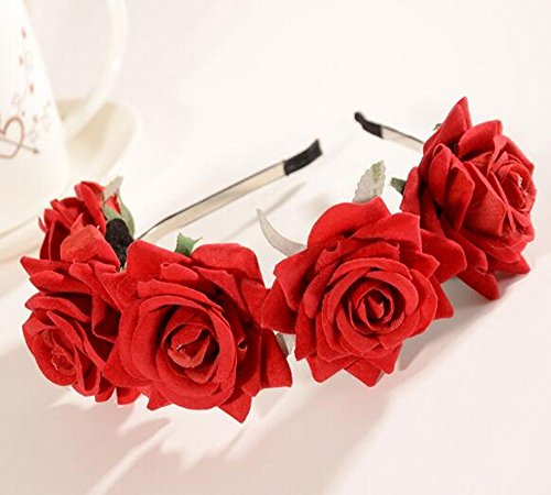 CHSYOO Rot Haarreif Rose Kopfband Damen Blumenstirnband Mädchen Blume Tiara für Hochzeit Braut Brautjungfer Geburtstag Party Kinder Party von CHSYOO